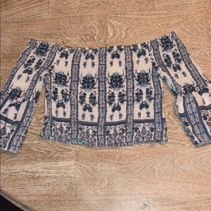 Blue white off the shoulder small bell sleeve crop